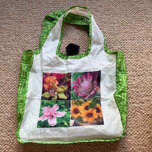 Floral Print Green and White reusable Tote Bag